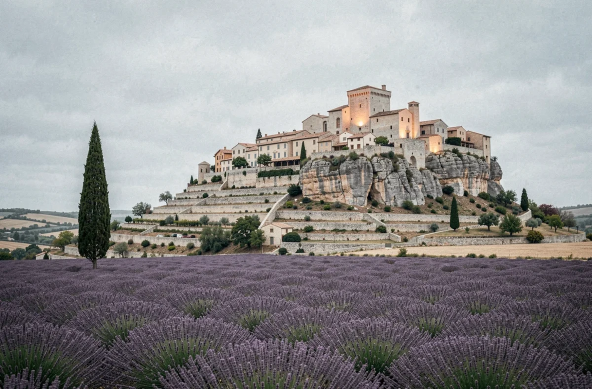 Vue panoramique sur le village perché de Gordes depuis un champ de lavande en hors saison, château médiéval et architecture en pierre du Luberon