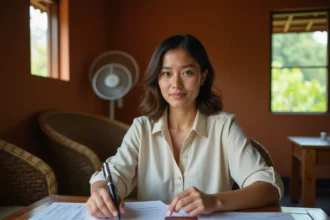 Voyageuse vérifiant ses documents de visa et de santé avant un voyage au Cambodge dans une chambre de guesthouse tropicale