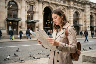 Voyageuse consultant un plan devant la gare de Bruxelles-Central lors d'une visite d'une journée en train