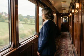 Femme élégante dans le couloir d'un wagon Orient Express observant le paysage européen défiler par la fenêtre