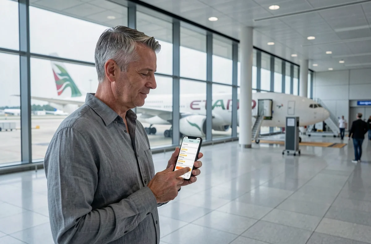 Voyageur consultant les avis et classements d'Etihad Airways sur son smartphone dans un terminal d'aéroport