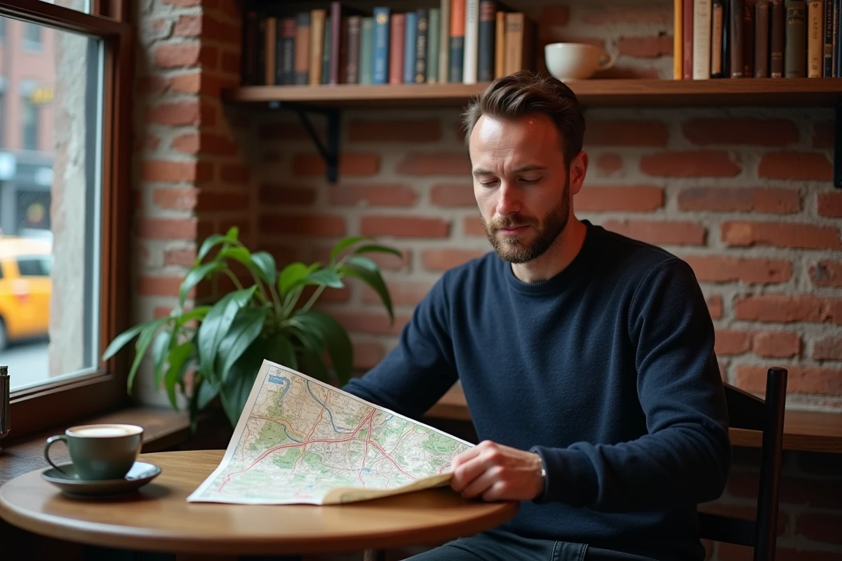 Voyageur consultant son itinéraire de trois jours dans un café de Greenwich Village à New York City