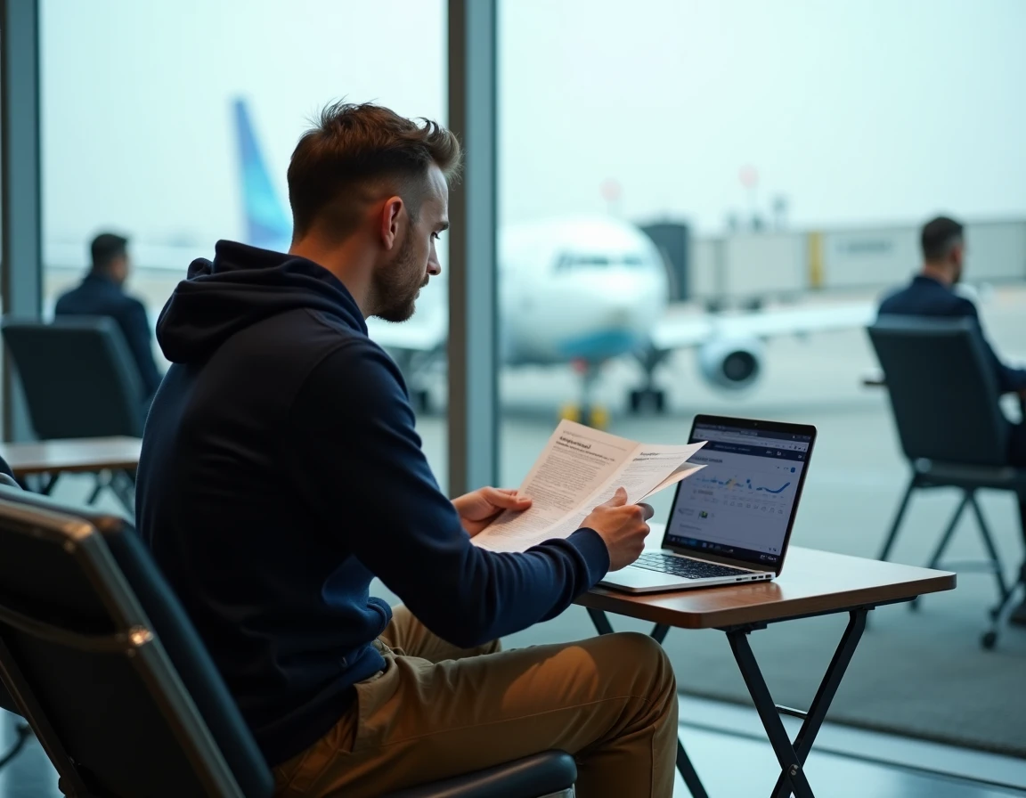 Voyageur comparant des itinéraires de vol avec et sans escale dans un salon d'aéroport