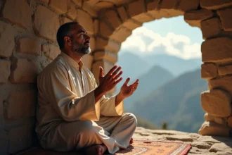 Voyageur musulman faisant la duaa les mains levées dans un abri de pierre en montagne, expression de recueillement sincère