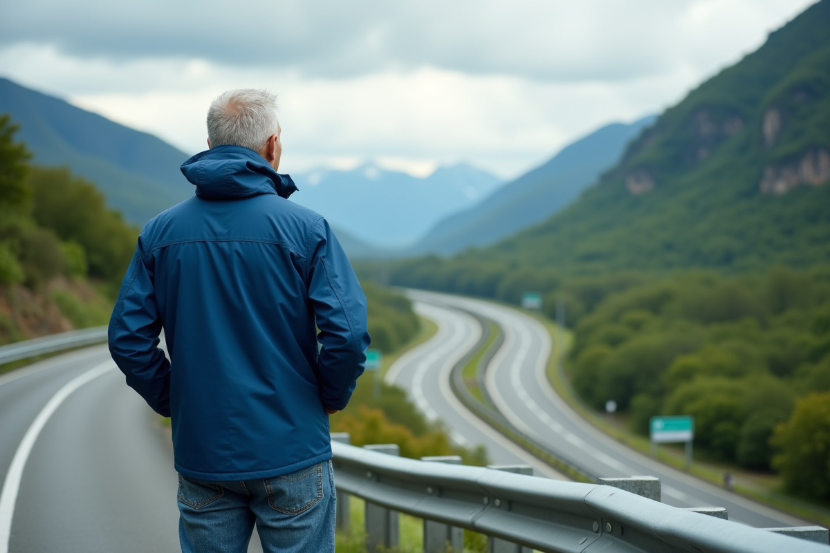 Homme en veste bleue regarde la route panoramique