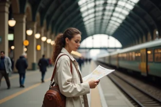 Voyageuse tenant une carte ferroviaire dans une grande gare européenne historique avec toiture en verre et fer forgé