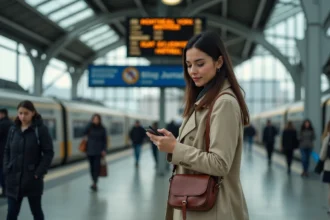 Voyageuse sur le quai de gare entre Montréal et New York avec son sac de weekend, regardant les départs sur son téléphone