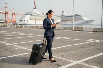 Voyageuse avec valise dans le parking du terminal croisière de Marseille consultant son téléphone pour sa réservation