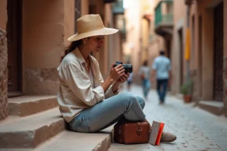Voyageuse-photographe consultant ses photos sur un appareil mirrorless dans une médina historique lors d'un voyage Aguila