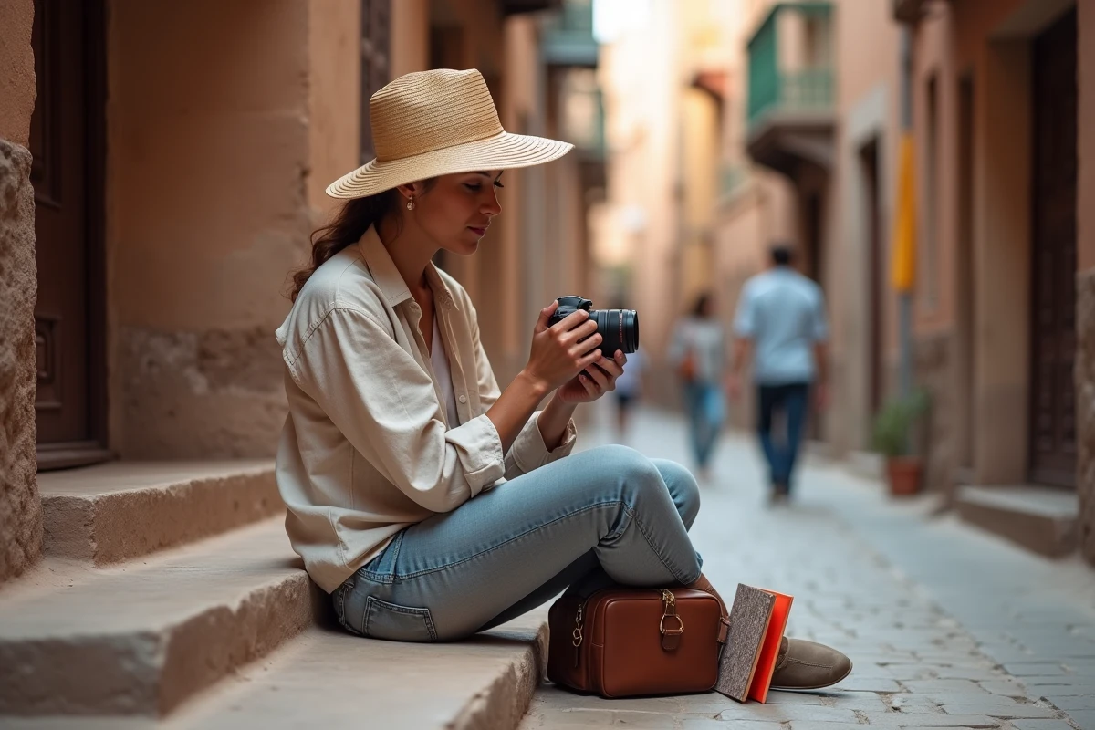 Voyageuse-photographe consultant ses photos sur un appareil mirrorless dans une médina historique lors d'un voyage Aguila