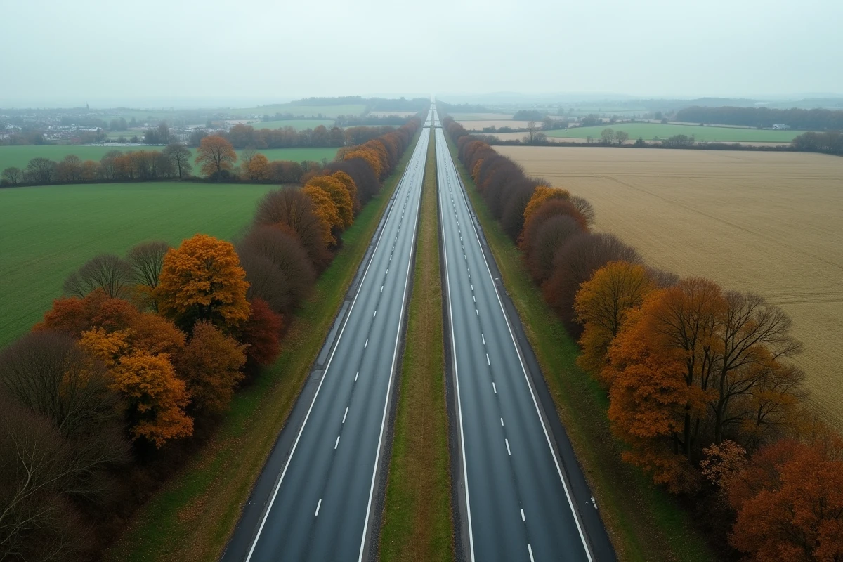 Vue aérienne comparant une autoroute et une route nationale traversant la campagne française en automne
