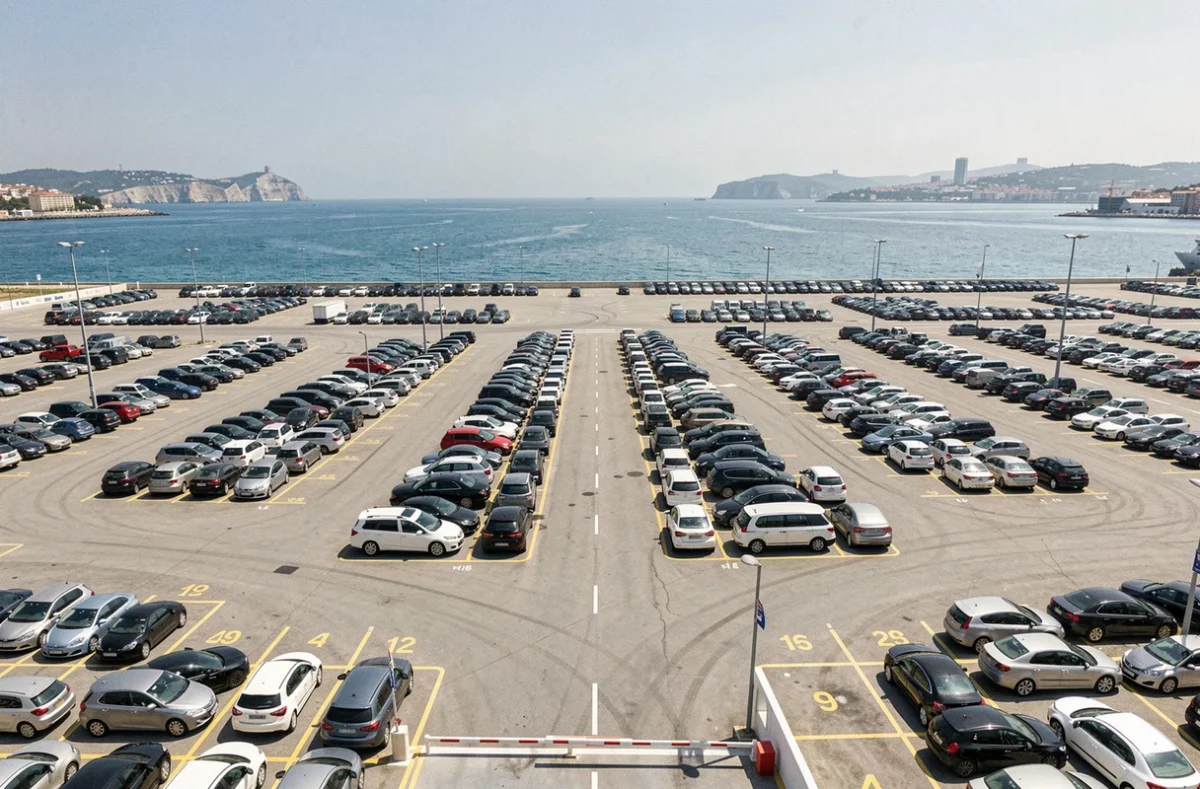 Vue panoramique du parking du terminal croisière de Marseille avec rangées de voitures et accès au port