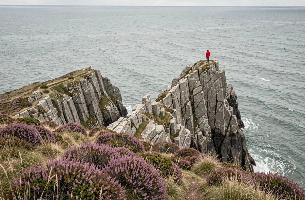 Vue panoramique de la pointe de Kadoran avec un randonneur contemplant l'océan Atlantique depuis les rochers en granit